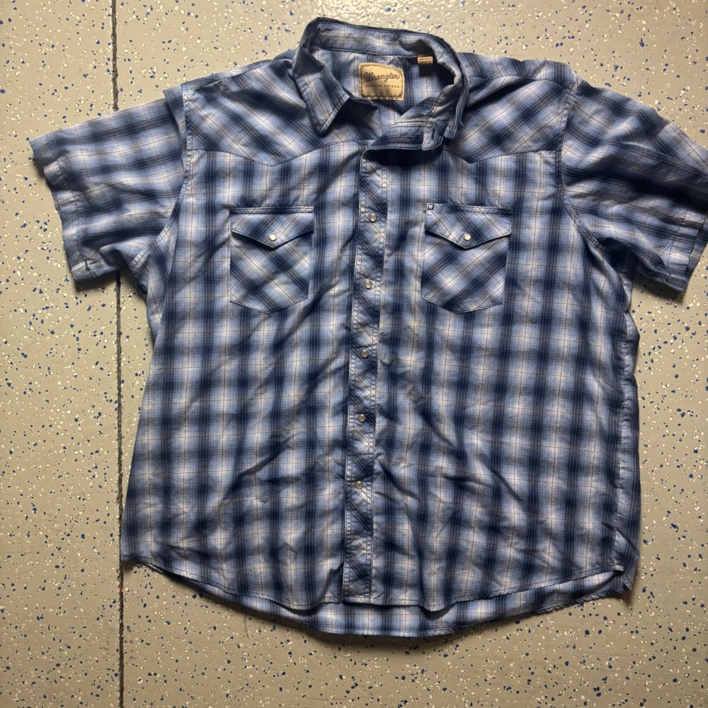 Wrangler Mens 2XL Plaid Short Sleeve Pearl Snap Western Shirt Blue White